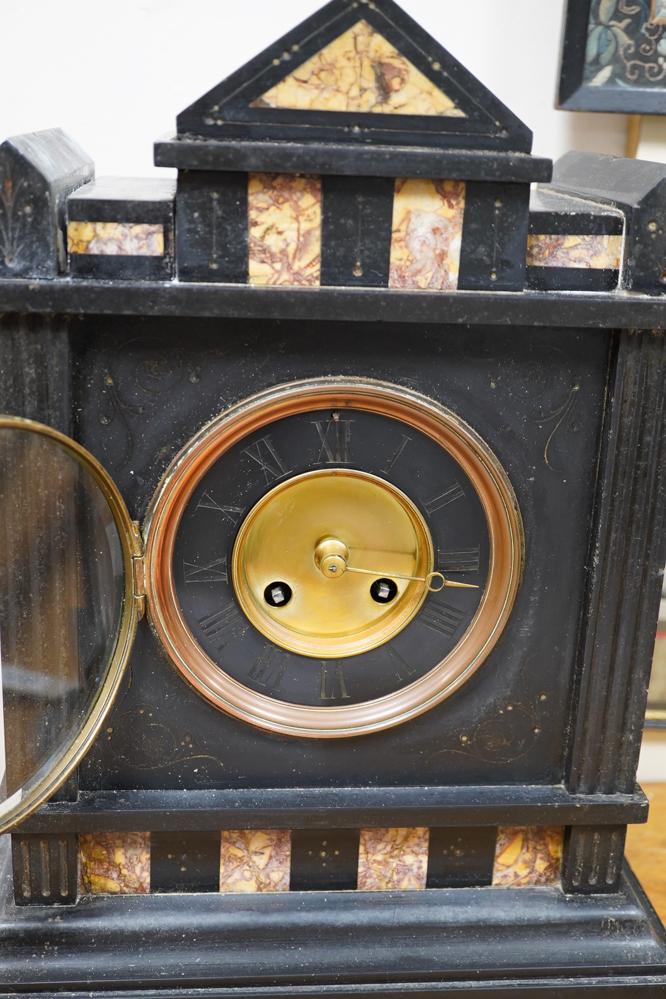 A late 19th century slate mantel clock, 38.5cm condition - poor to fair